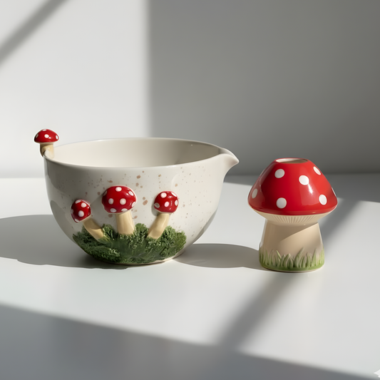 Handcrafted Mushroom Garden Ceramic Matcha Bowl and Whisk Holder Set • HX42