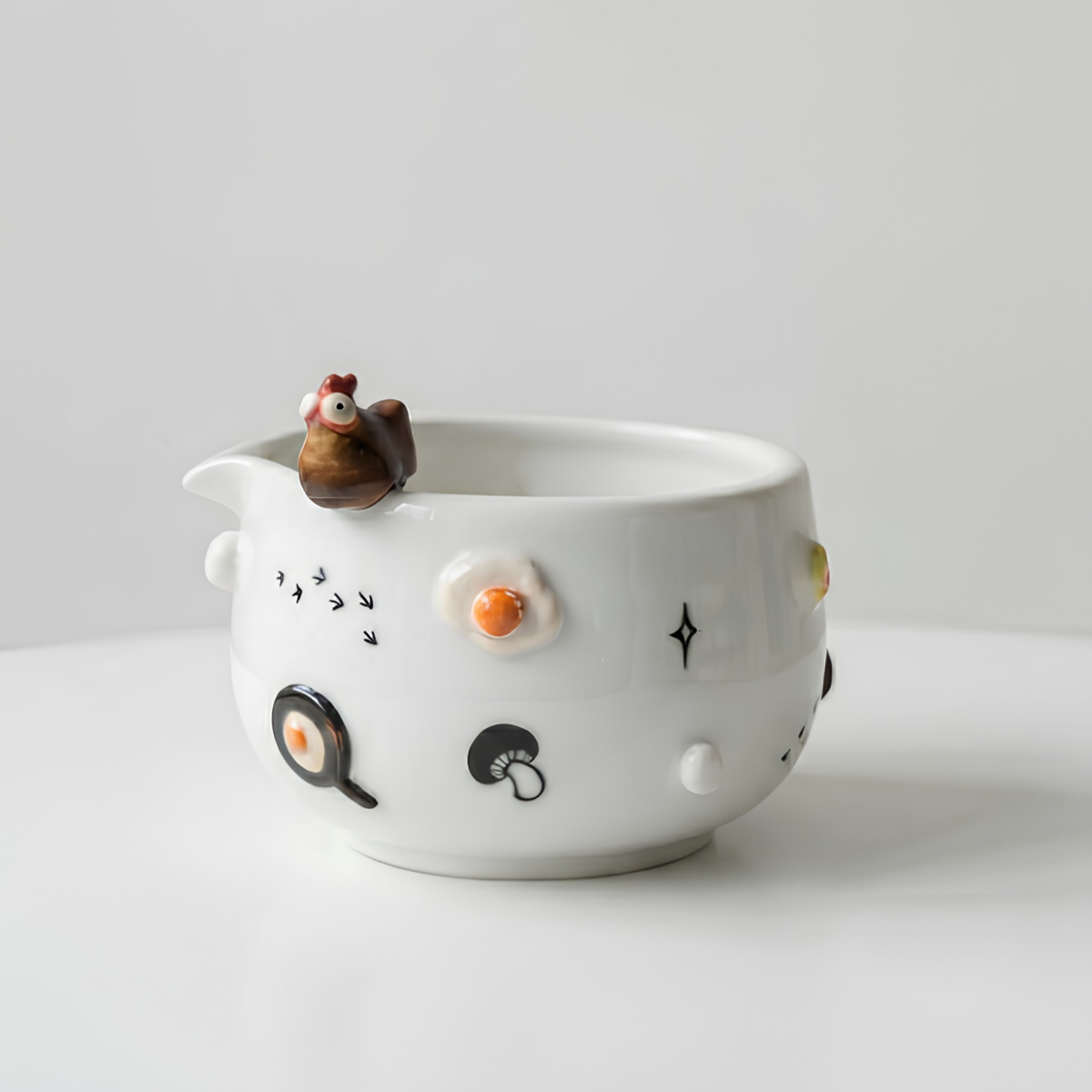 Cute 3D Chicken & Fried Egg Ceramic Matcha Bowl and Whisk Holder Set • HX02