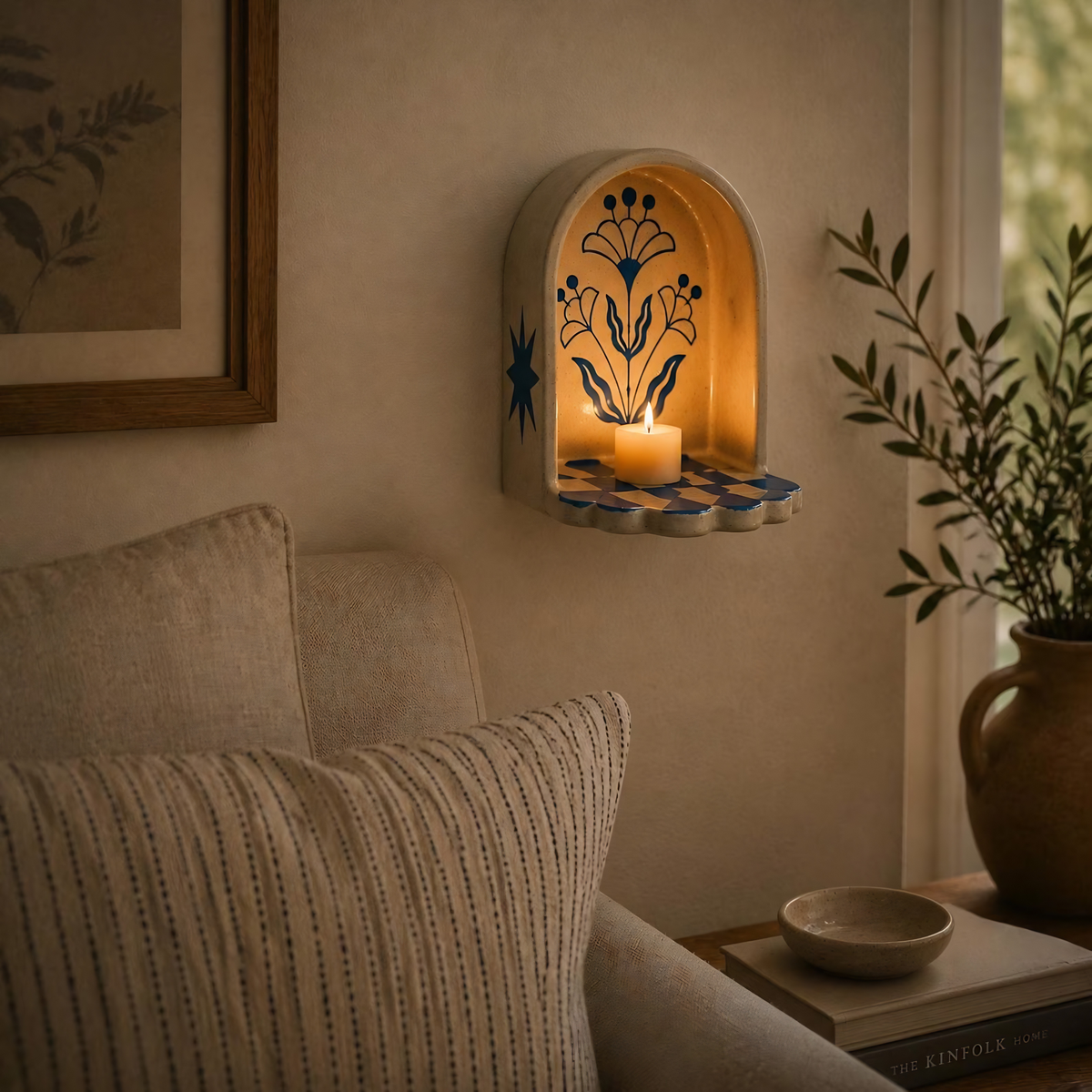 Handmade Ceramic Wall Niche Candle Holder, Blue Floral Pottery Wall Decor, Unique Housewarming Gift | LA143