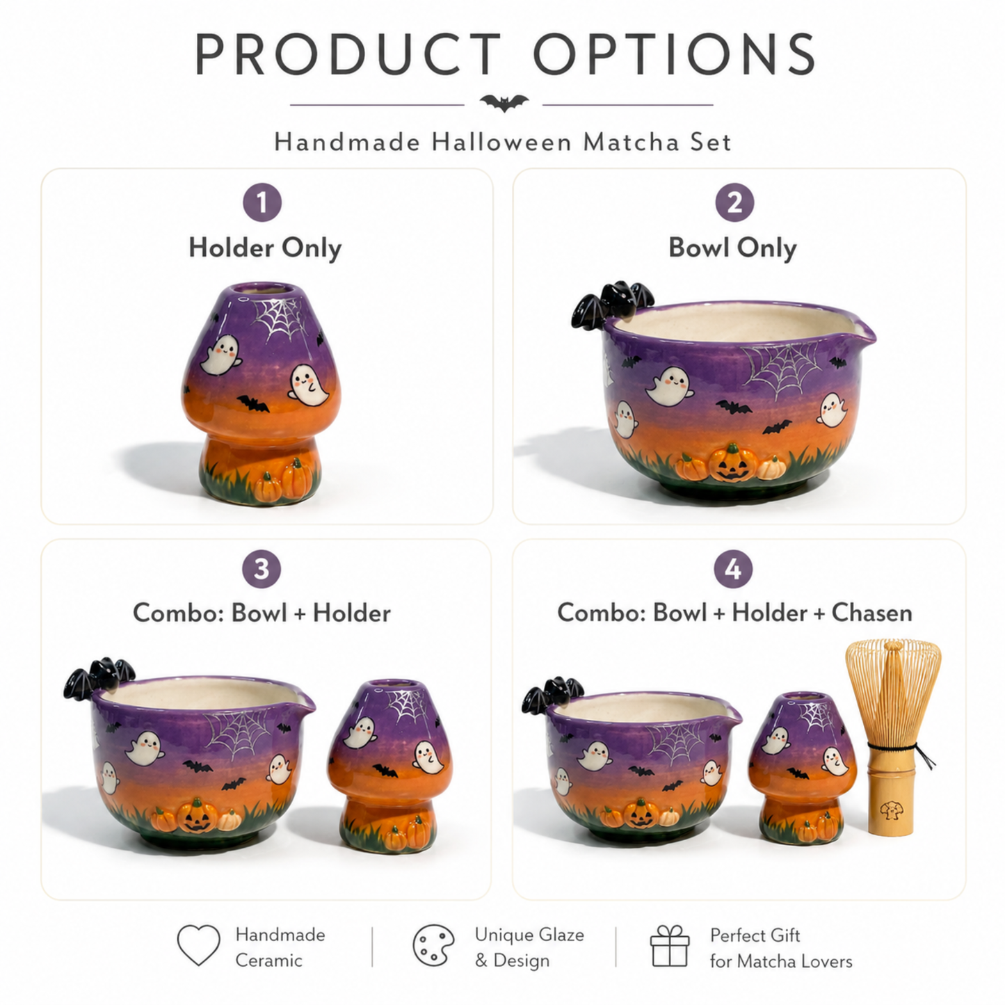 Cute Spooky Halloween Ceramic Matcha Set, Handcrafted Ghost & Pumpkin Matchawan Bowl with Spout and Bat, Spooky Season Gift • HX45
