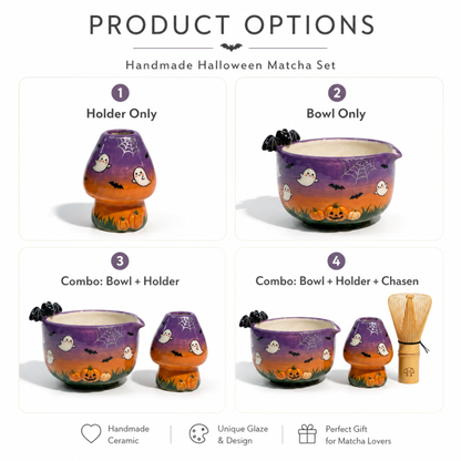 Cute Spooky Halloween Ceramic Matcha Set, Handcrafted Ghost & Pumpkin Matchawan Bowl with Spout and Bat, Spooky Season Gift • HX45