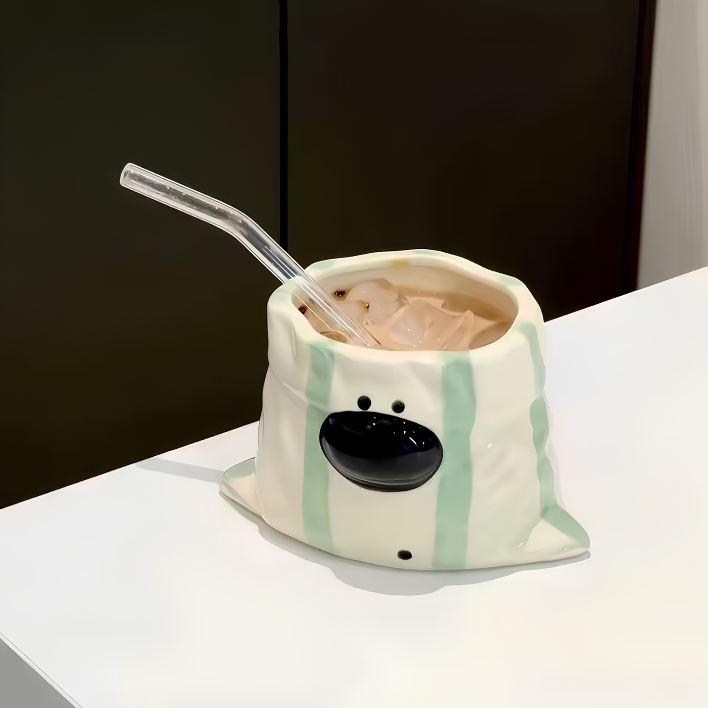 Handcrafted Blueberry Ceramic Bag Mug, Cute Hand-painted Blue Stripe Paper Bag Shaped Cup • HX43
