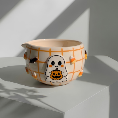Handmade Halloween Matcha Bowl Set, Ghost Ceramic Chawan with Whisk Holder, Cute Pumpkin Matcha Bowl, Fall Tea Lover Gift | LA036