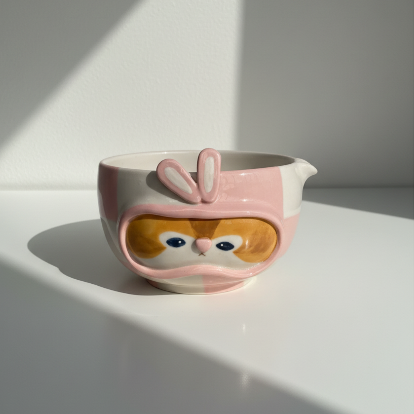Kawaii Handcrafted Ceramic Pilot Squirrel Matcha Bowl and Whisk Holder Set – Pink Checkerboard Edition • HX28