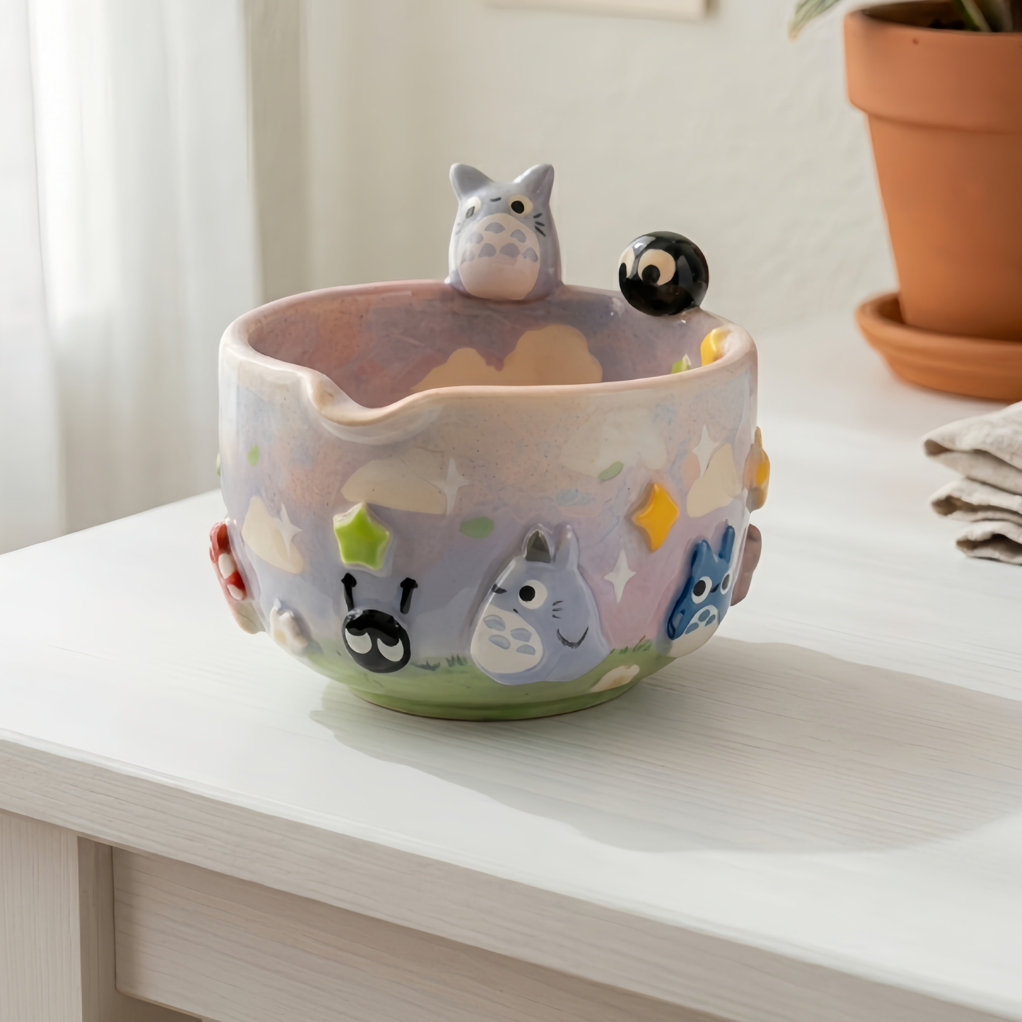 Totoro Matcha Bowl Set, Woodland Inspired Pottery, Anime Inspired Decor| Handmade Ceramic Chawan | LA023