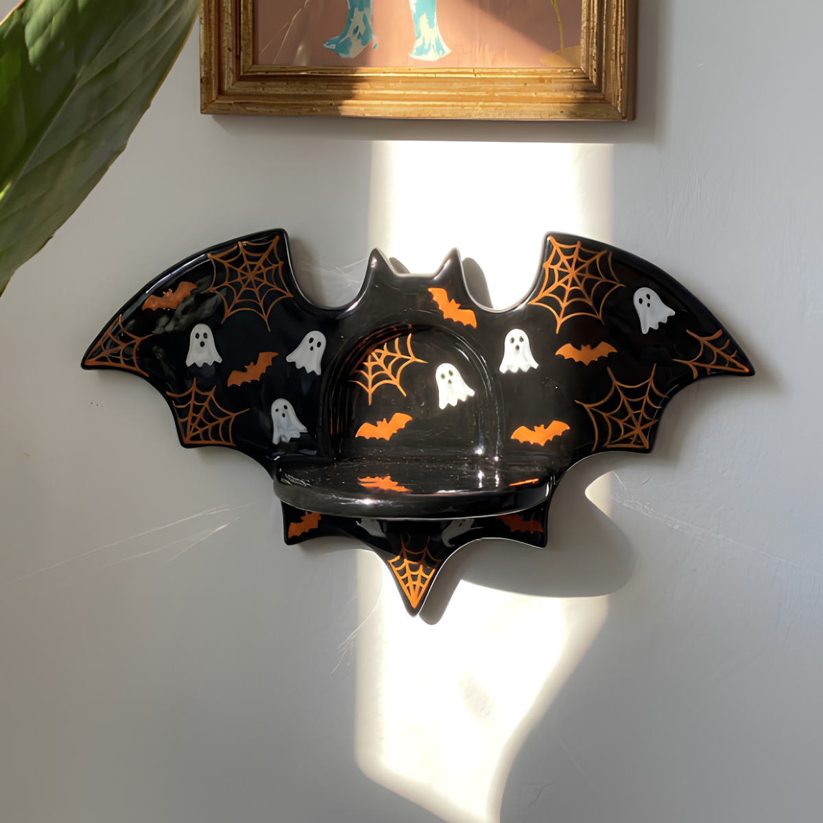 Handmade Ceramic Halloween Ghost Wall Sconce Candle Holder, Vintage Spooky Black Bat Tealight Holder Wall Hanging, Halloween Decor • HX61