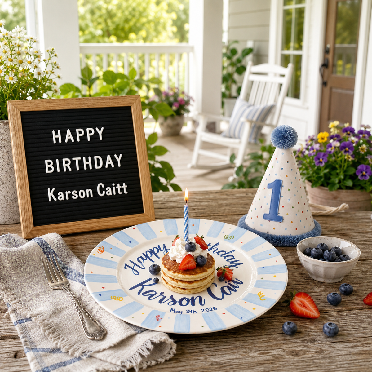 Personalized Birthday Plate – Light Blue Striped Border & Colorful Birthday Candles Design | BGI004