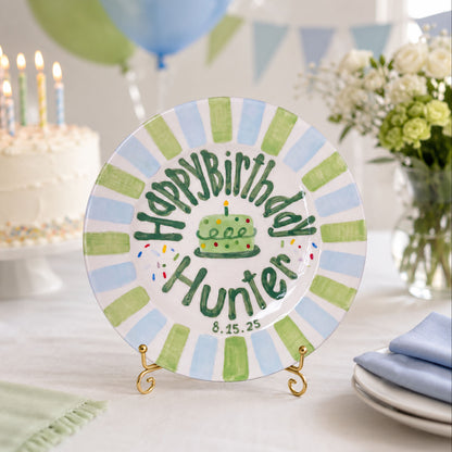 Personalized Green Blue Birthday Plate, Custom Ceramic Birthday Dish, Striped Cake Plate, Boys Birthday Tradition Heirloom Keepsake | B021