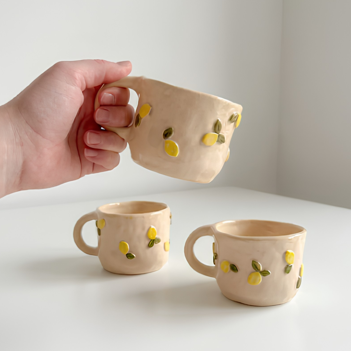 Handmade Ceramic Lemon Mug – Aesthetic Wavy Clay Coffee & Tea Cup • HX51