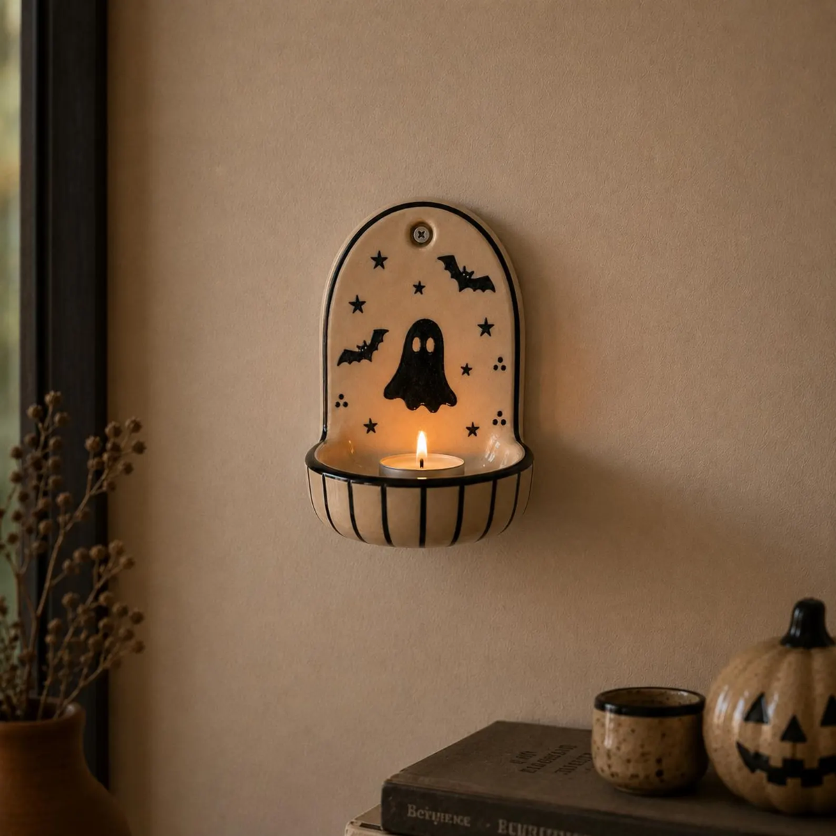 Handmade Ceramic Halloween Ghost Wall Sconce Candle Holder, Vintage Spooky Black Bat Tealight Holder Wall Hanging, Halloween Decor • HX48