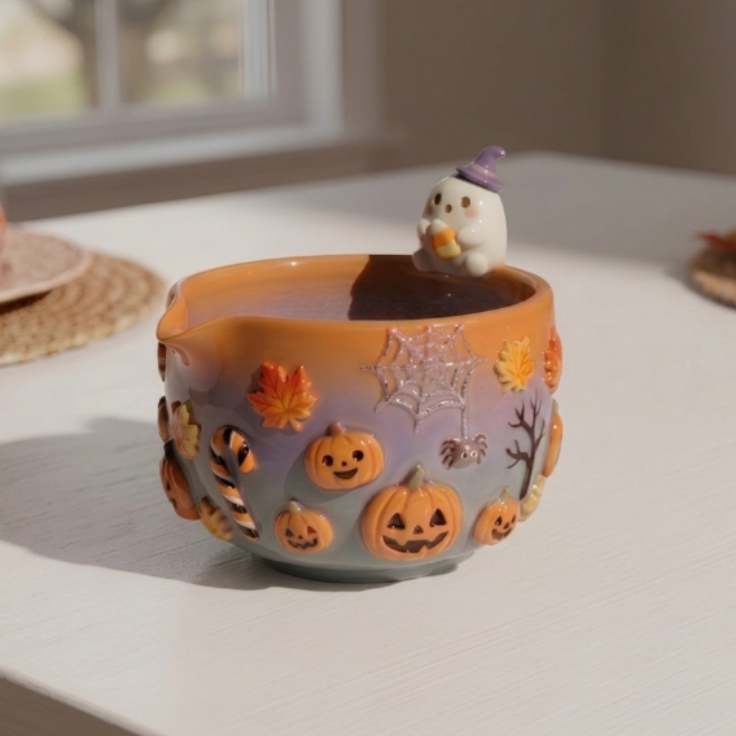 Ombre Halloween Matcha Bowl, Handmade Ceramic Matcha Set, Pumpkin Ghost Chawan with Whisk Holder | LA041