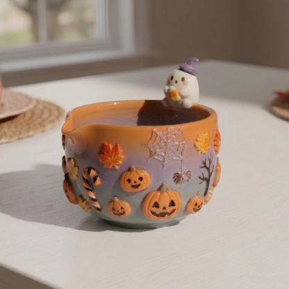Ombre Halloween Matcha Bowl, Handmade Ceramic Matcha Set, Pumpkin Ghost Chawan with Whisk Holder | LA041