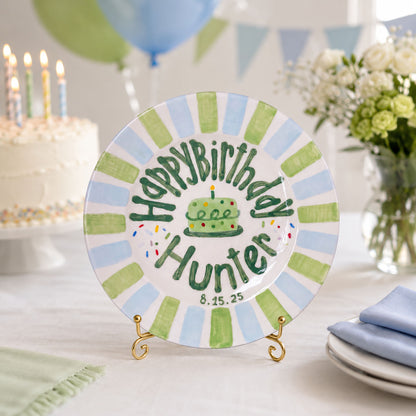 Custom Hand Painted Ceramic Birthday Plate, Green Blue Stripe Plate, Personalized Birthday Plate with Date, First Birthday Gift Boy | B021