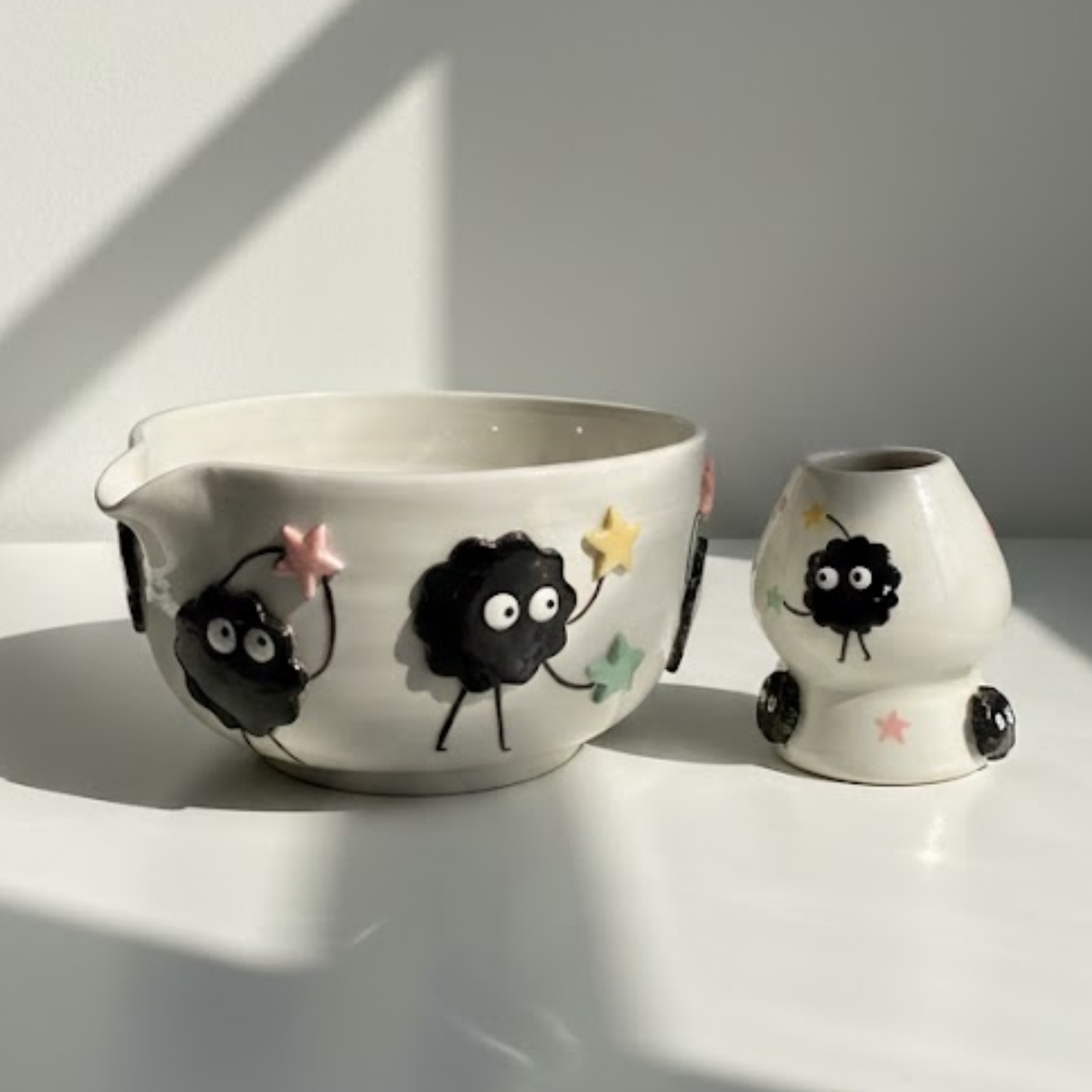 Spirited Away Susuwatari 3D Handcrafted Ceramic Matcha Bowl and Soot Sprite Whisk Holder Set • HX15