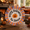 Custom Hand Painted Halloween Ceramic Plate, Orange Purple Stripe Plate, Personalized Family Name Dish, Halloween Decor Keepsake | H002