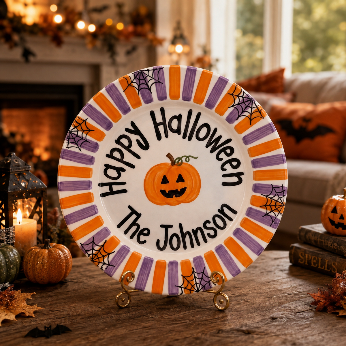Custom Hand Painted Halloween Ceramic Plate, Orange Purple Stripe Plate, Personalized Family Name Dish, Halloween Decor Keepsake | H002