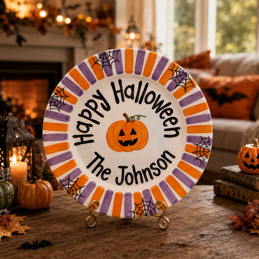 Custom Hand Painted Halloween Ceramic Plate, Orange Purple Stripe Plate, Personalized Family Name Dish, Halloween Decor Keepsake | H002