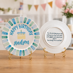 Personalized Blue Birthday Plate, Custom Ceramic Birthday Dish, Blue Green Candle Cake Plate, Boys Birthday Keepsake | BGI019