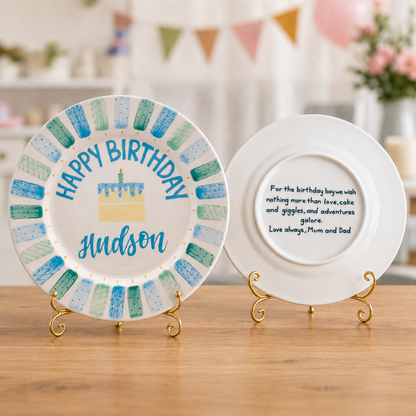 Custom Hand Painted Ceramic Birthday Plate, Blue Stripe Candle Dish, Personalized Birthday Plate, First Birthday Gift Boy | BGI019