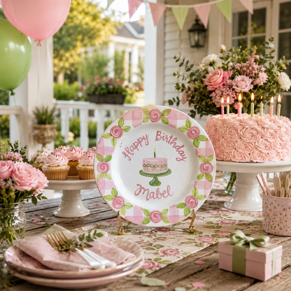 Personalized Pink Birthday Plate, Custom Ceramic Birthday Dish, Pink Gingham Rose Plate, Girls Birthday Tradition Heirloom Keepsake | B016