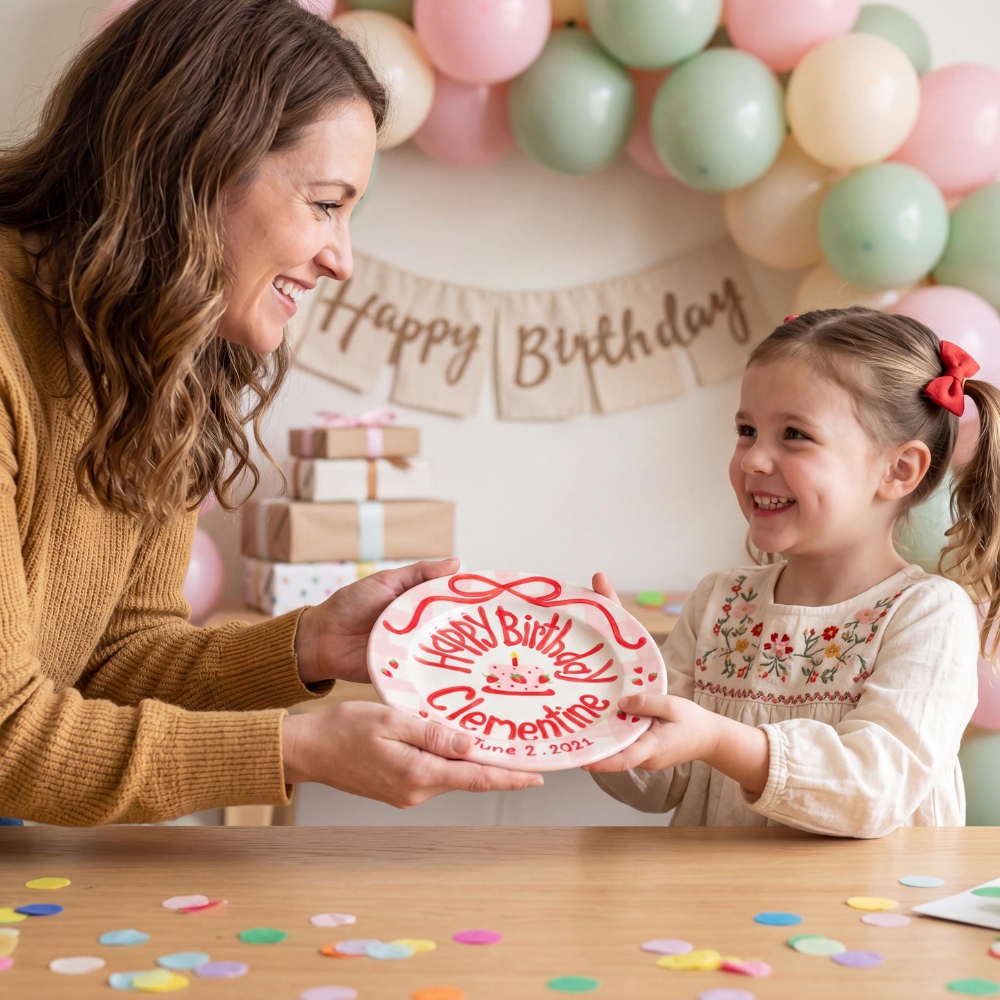 Personalized Birthday Plate – Pink Checkered Strawberry Cake & Bow Design | B071