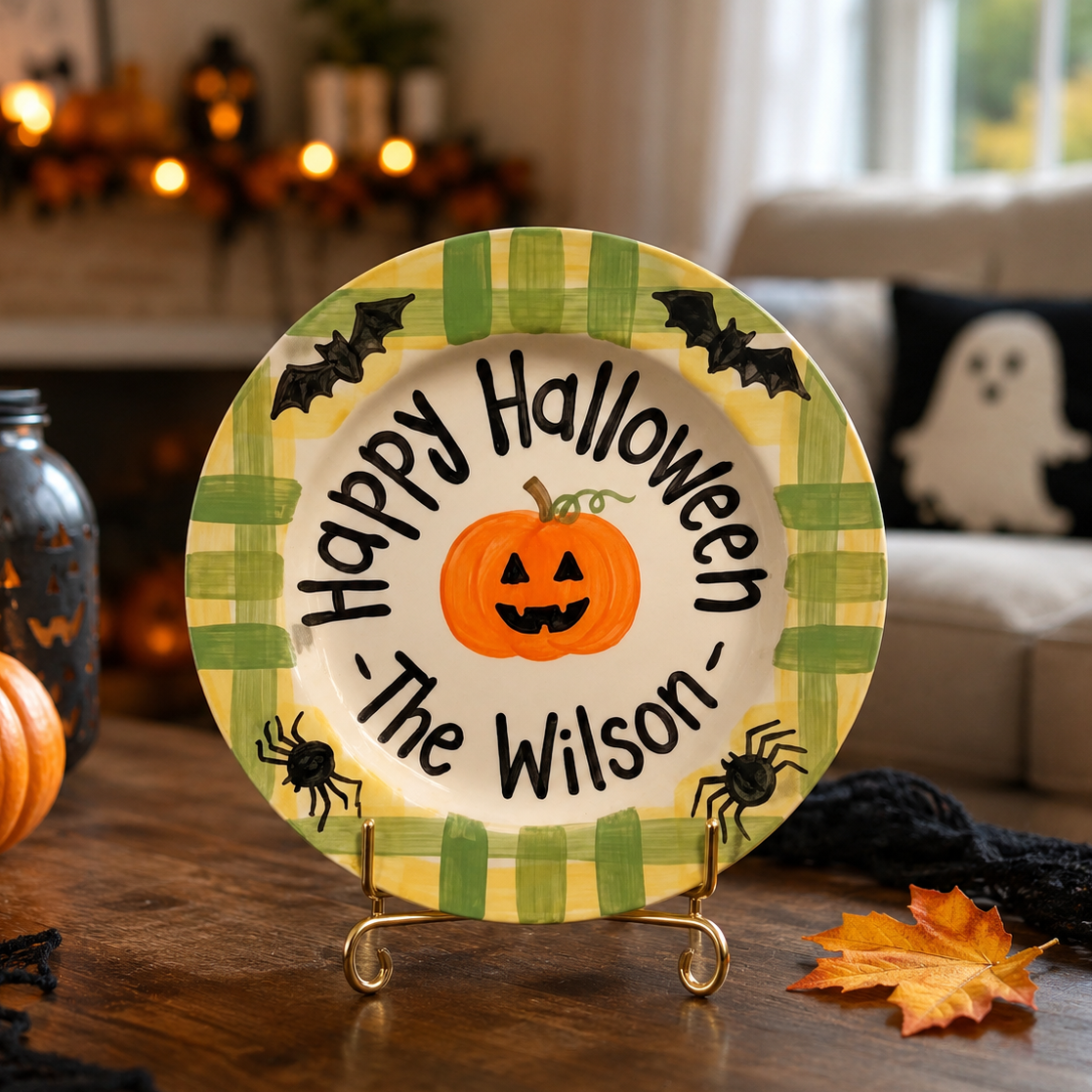 Personalized Halloween Plate, Custom Family Name Ceramic Plate, Pumpkin Bat Spider Dish, Spooky Season Tradition Keepsake | H001