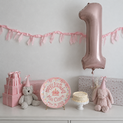 Custom Ceramic Birthday Plate Girl, Pink Scalloped Sprinkles Plate, Personalized Name Date Plate, Preppy Girls Birthday Decor | B075