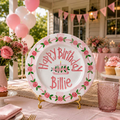 Custom Name Rose Garland Birthday Plate, Hand-Painted Pink Gingham Border, Personalized Ceramic Keepsake Sign | B034