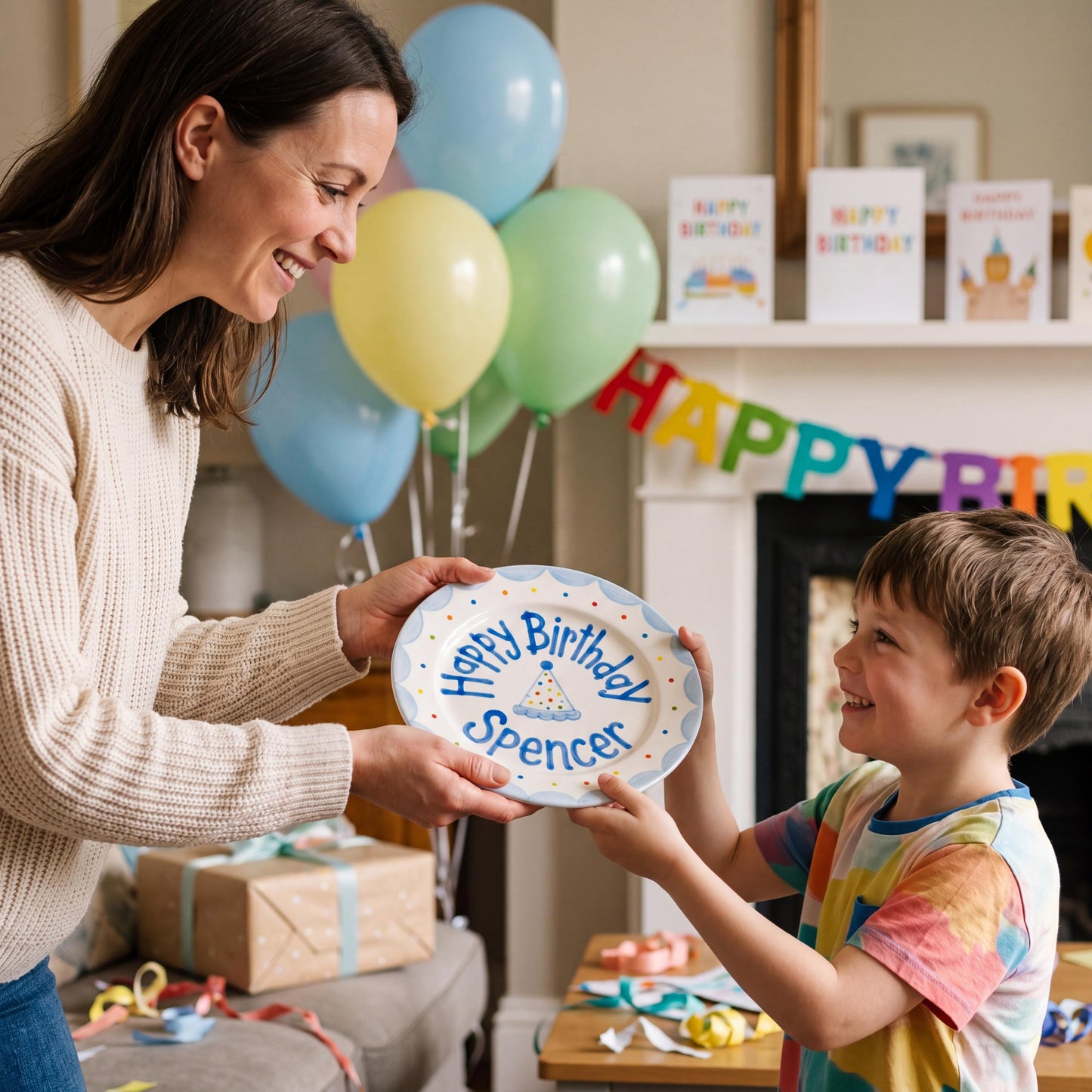Personalized Birthday Plate – Polka Dot Party Hat & Blue Scalloped Border Design | B053
