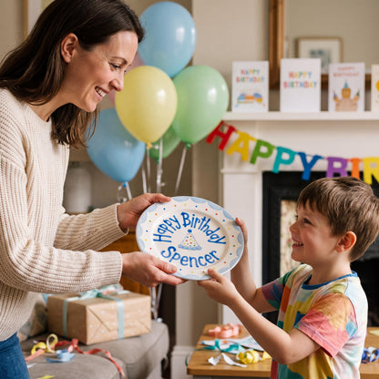 Personalized Birthday Plate – Polka Dot Party Hat & Blue Scalloped Border Design | B053