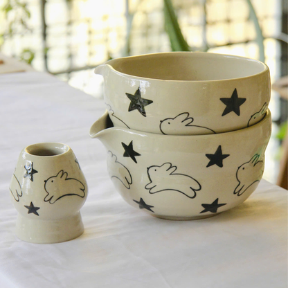 Minimalist Bunny Star Hand-Painted Ceramic Matcha Bowl and Whisk Holder Set • HX06