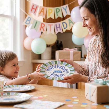 Personalized Birthday Plate – Green & Blue Stripe Cake & Candy Sprinkles Design | B067