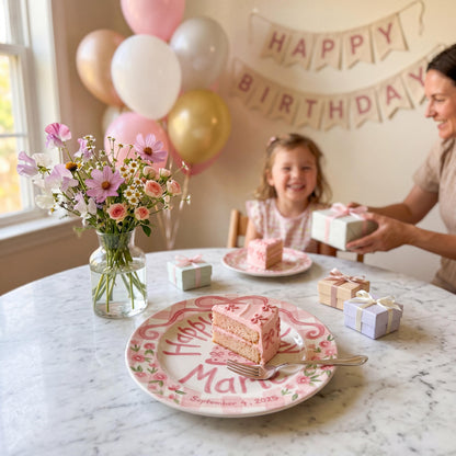 Personalized Birthday Plate – Pink Gingham Bow, Floral & Cake Design | B069