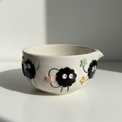Spirited Away Susuwatari 3D Handcrafted Ceramic Matcha Bowl and Soot Sprite Whisk Holder Set • HX15