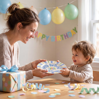 Personalized Birthday Plate – Blue Stripe & Colorful Candle Design | B070