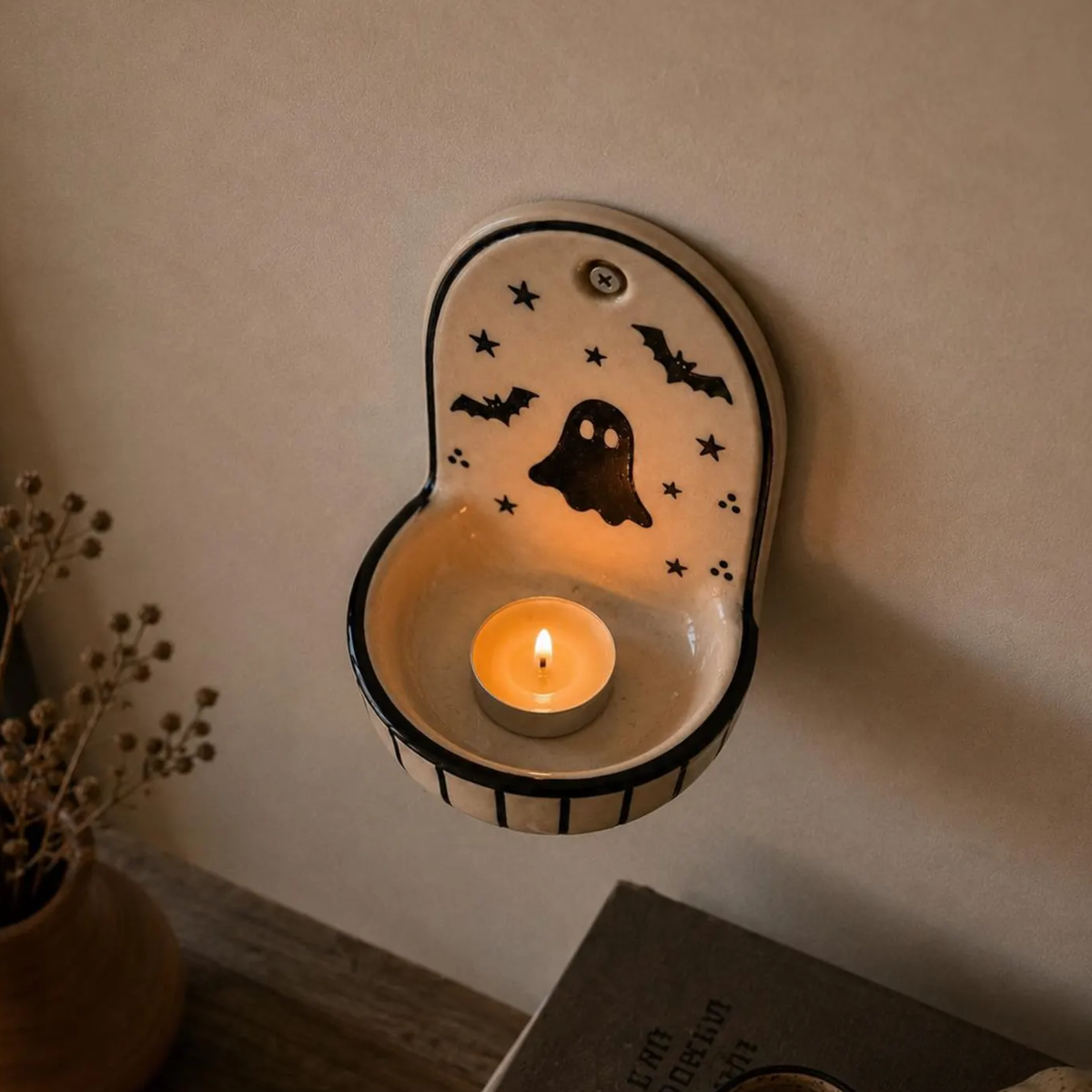 Handmade Ceramic Halloween Ghost Wall Sconce Candle Holder, Vintage Spooky Black Bat Tealight Holder Wall Hanging, Halloween Decor • HX48