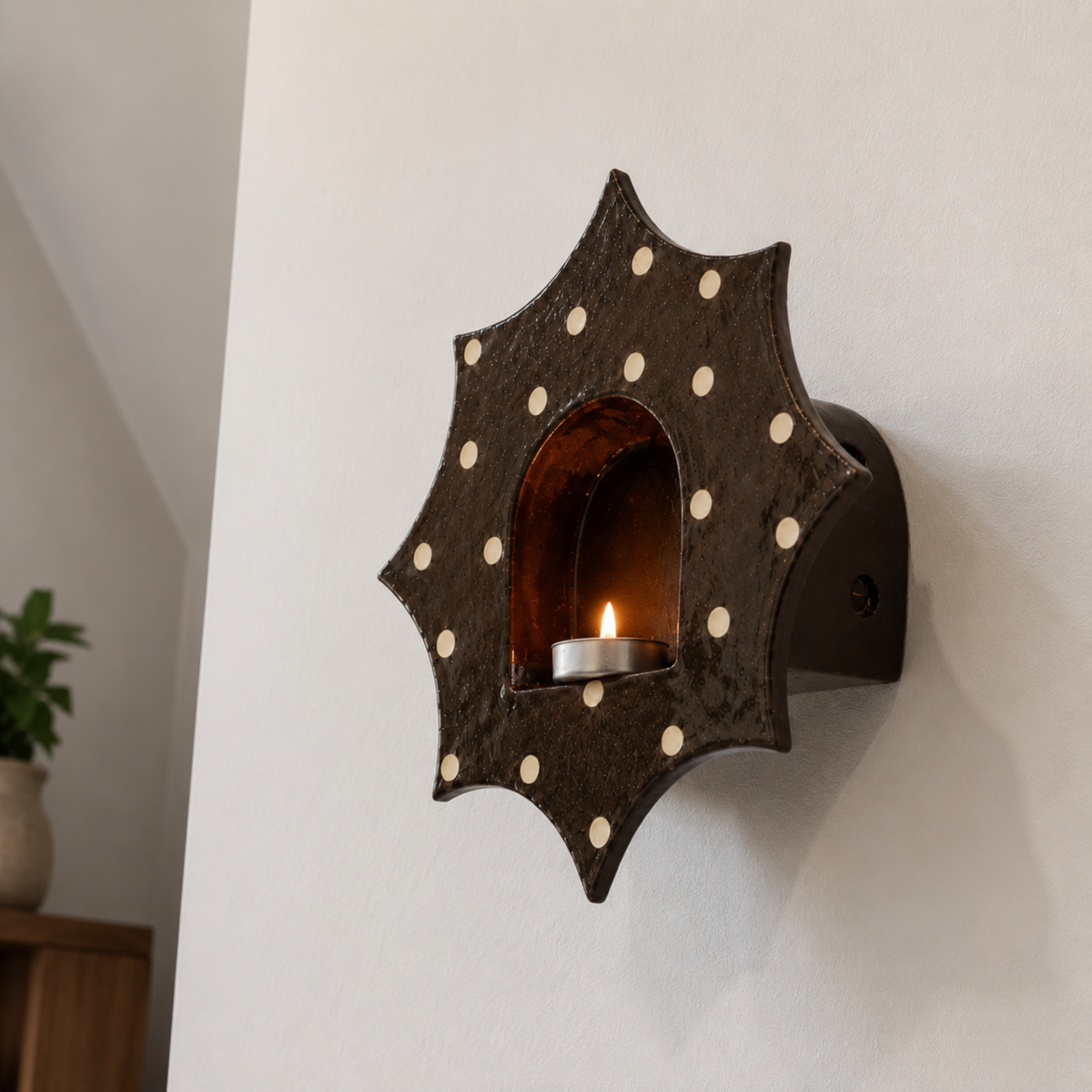 Polka Dots Ceramic Candle Holder, Handmade Wall Sconce, Celestial Home Decor, Coastal Wall Accent, Boho Decor | LA114