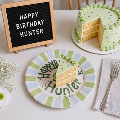 Custom Hand Painted Ceramic Birthday Plate, Green Blue Stripe Plate, Personalized Birthday Plate with Date, First Birthday Gift Boy | B021