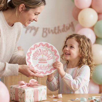 Personalized Birthday Plate – Pink Scallop Border & Cake Design | B062