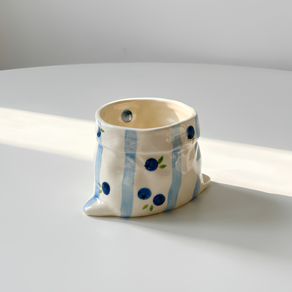 Handcrafted Blueberry Ceramic Bag Mug, Cute Hand-painted Blue Stripe Paper Bag Shaped Cup • HX43