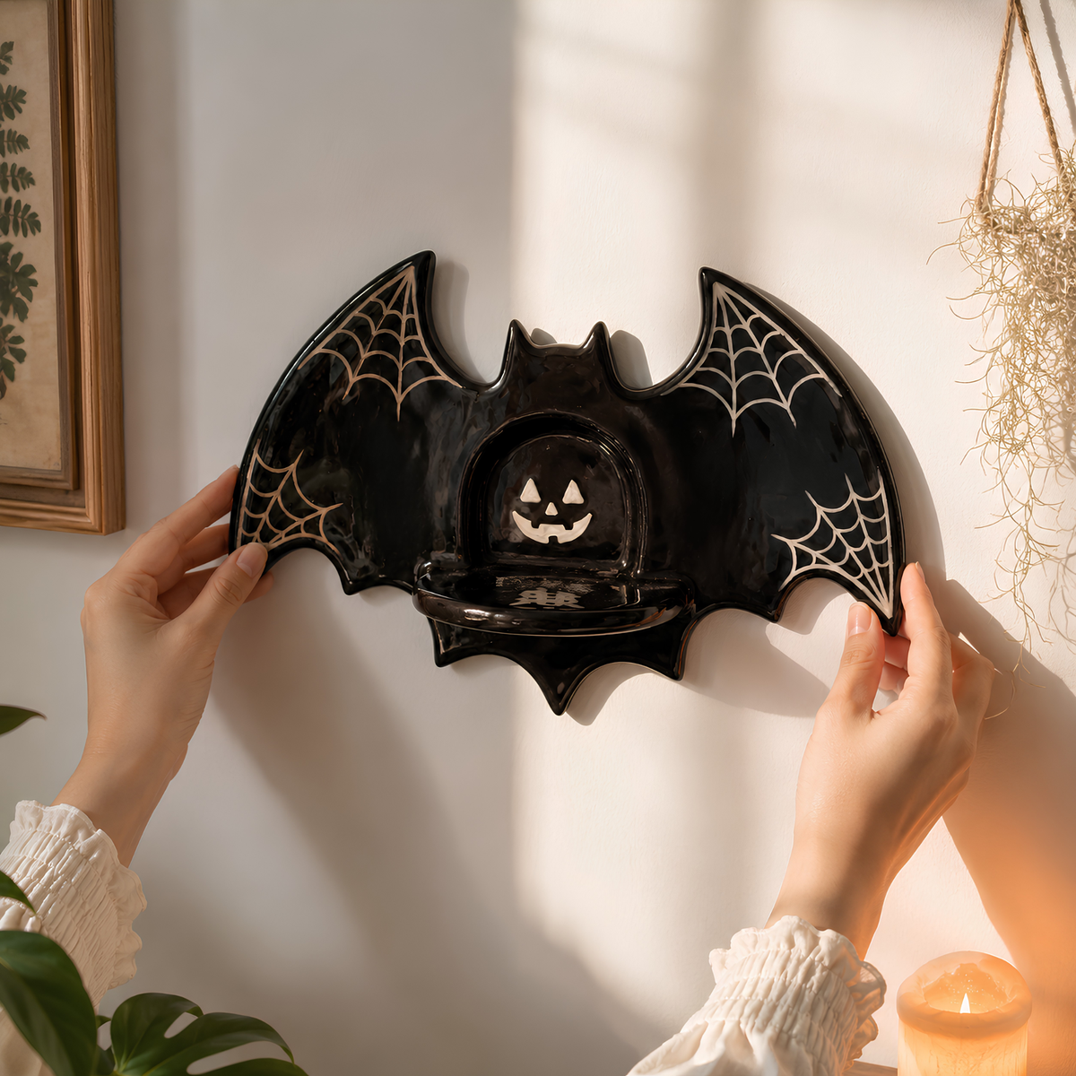 Handmade Ceramic Halloween Ghost Wall Sconce Candle Holder, Vintage Spooky Black Bat Tealight Holder Wall Hanging, Halloween Decor • HX61