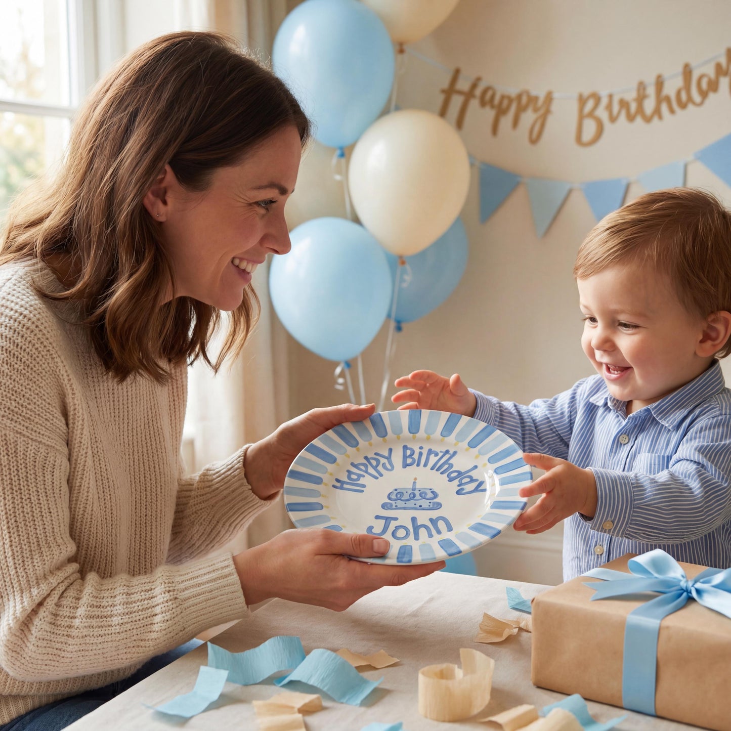 Personalized Birthday Plate – Blue Cake & Stripe Design | B032