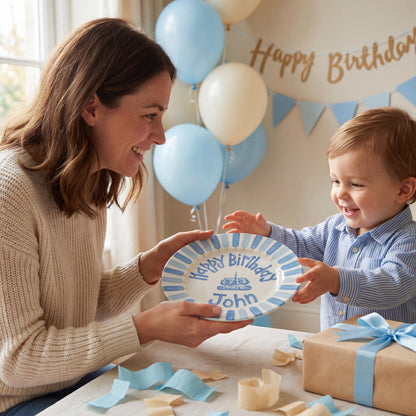 Personalized Birthday Plate – Blue Cake & Stripe Design | B032