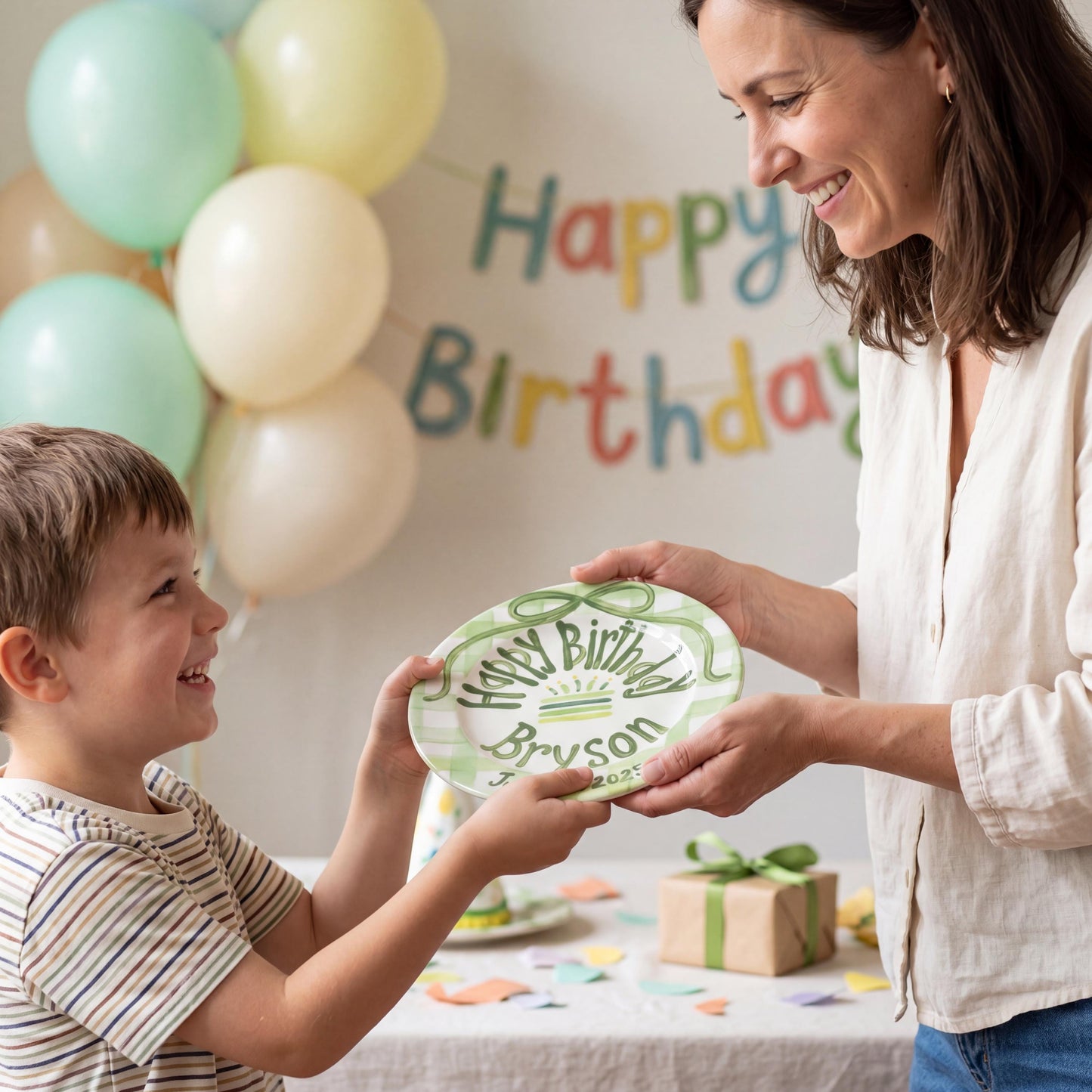 Personalized Birthday Plate – Green Gingham Bow & Cake Design | B058