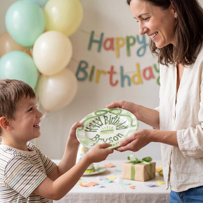 Personalized Birthday Plate – Green Gingham Bow & Cake Design | B058