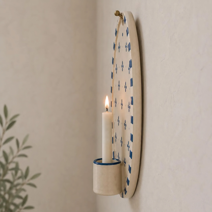 Blue Floral Wall Candle Holder, Handmade Ceramic Wall Sconce, Mediterranean Decor, Cottagecore Wall Decor, Housewarming Gift | LA124
