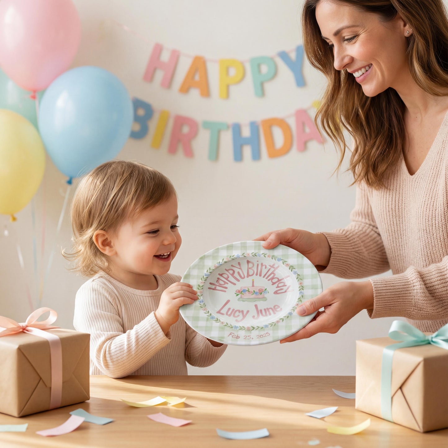 Personalized Birthday Plate – Green Gingham Floral Wreath & Cake Design | B064