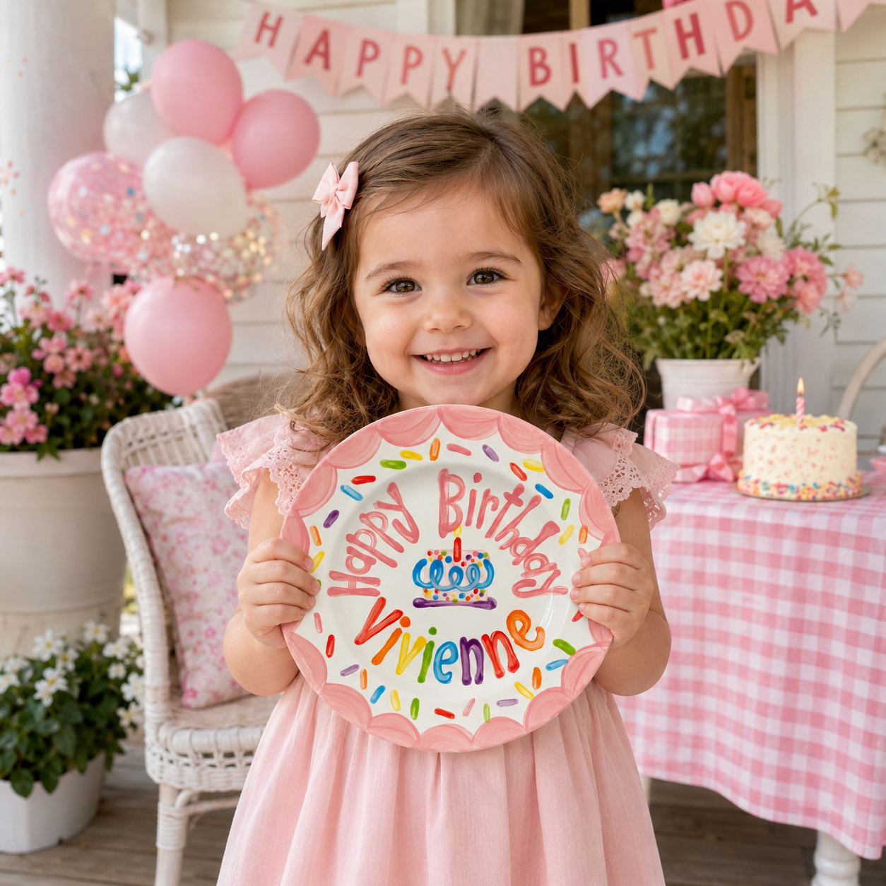 Personalized Birthday Plate – Pink Scalloped Border, Colorful Sprinkles & Cake Design | BHL010