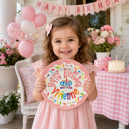Personalized Birthday Plate – Pink Scalloped Border, Colorful Sprinkles & Cake Design | BHL010