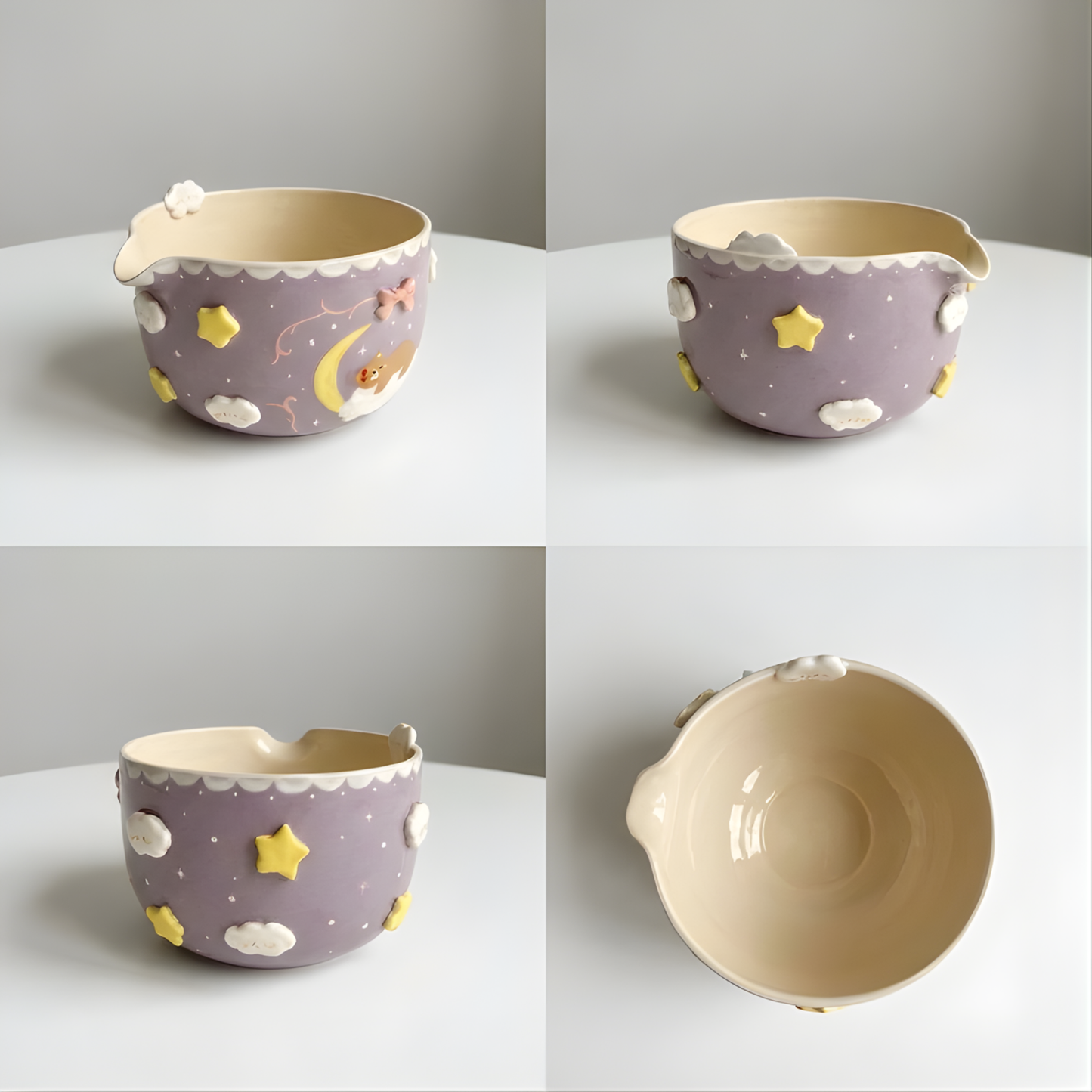 Lavender Dream Teddy Bear & Crescent Moon 3D Handcrafted Ceramic Matcha Bowl and Whisk Holder Set • HX27